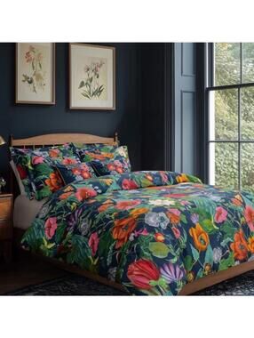 PB Style Floral Print Queen Duvet Sateen Cotton 3Piece Set Navy Blue Pink NWT